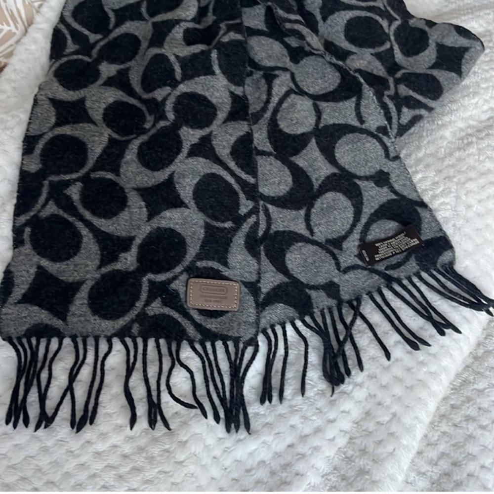 Coach Leather Patch Wool Scarf in Black and Gray